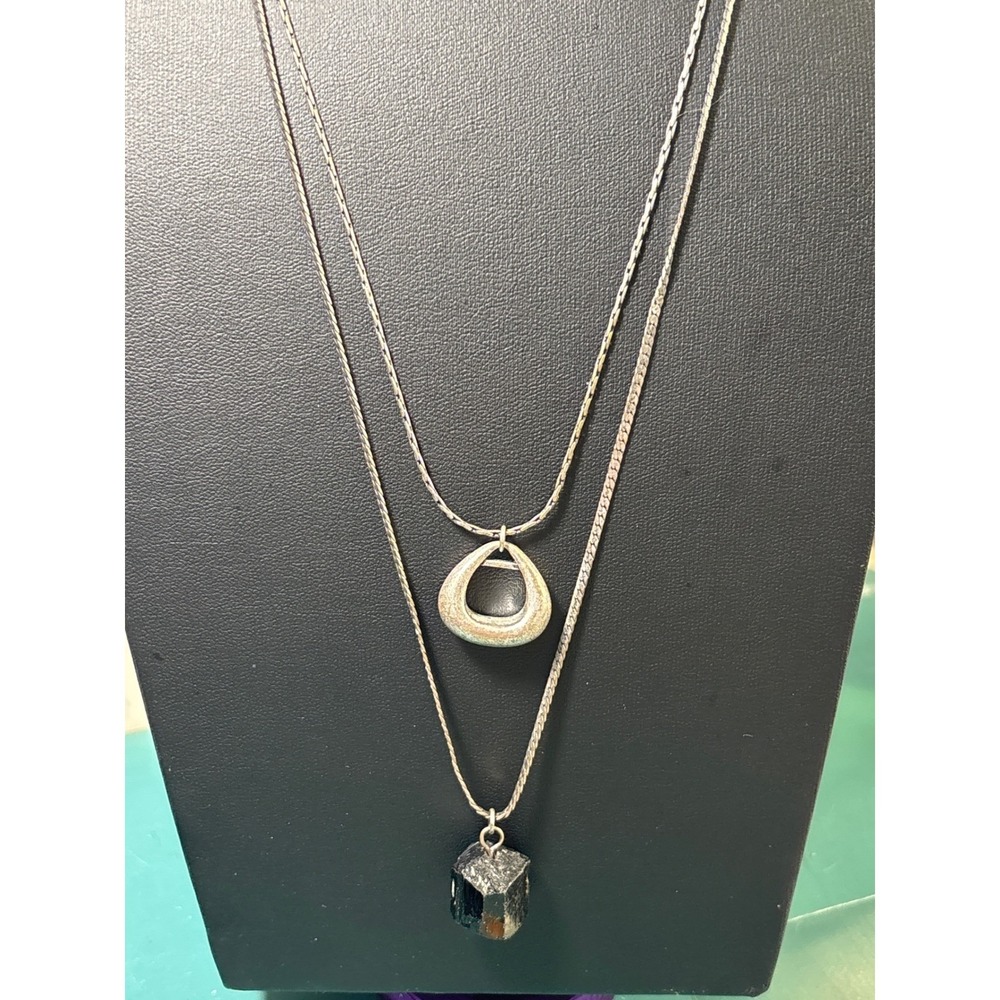 Lia Sophia Double Strand Necklace Silver Tone Teardrop and Cube Stone Pendant